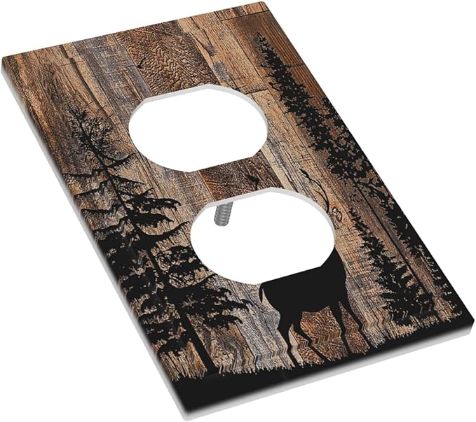 Outlet Covers Rustic Forest Antler Elk Deer Silhouettes Animals Wood Grain 1 Gang Duplex Light Switch Cover Electrical Receptacle Faceplate Wall Plate Decorative Switch Plates for Farmhouse