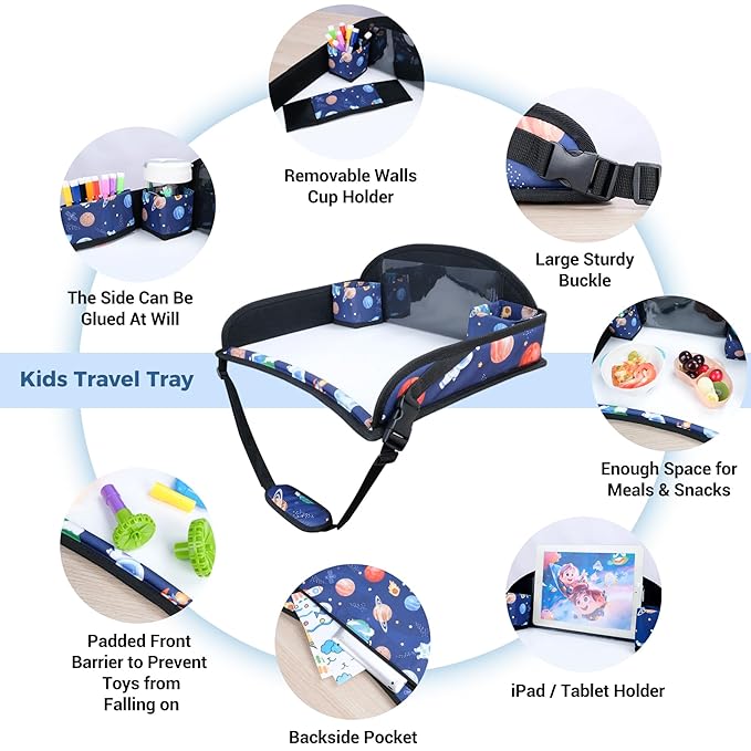 COOLBEBE Kids Travel Tray for Toddler Car Seat, Travel Tray for Airplane, Lap Tray with Storage, Portable Carseat Table Tray for Kids, Blue Space