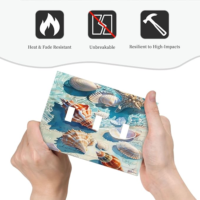 Decorative Switch Plates Ocean Waves Starfish Conch Scallop Shell 3 Gang Wall Plate Triple Toggle Light Switch Cover Faceplate Electrical Wall Panels For Kids Room Nursery Decor