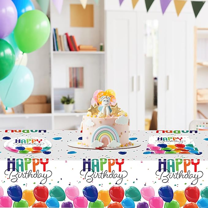 41PCS Happy Birthday Decorations Colorful Birthday Themed Decorations Includes Disposable Paper Plates and Napkins,Tablecloth for Kids' Boys Girls Baby Shower