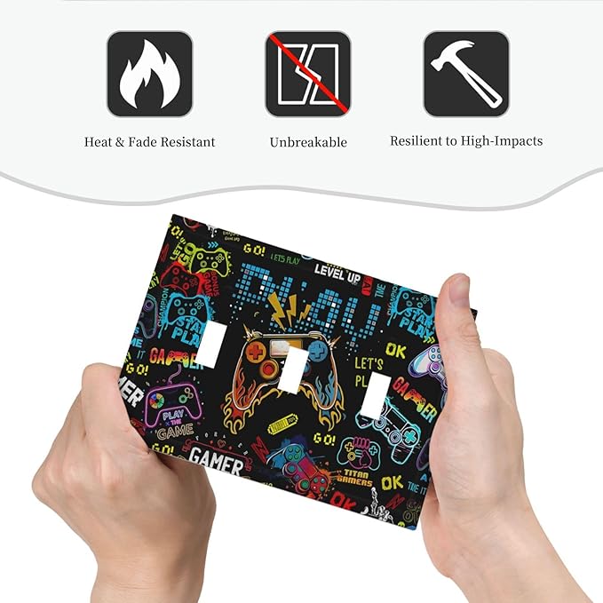 Gamer Video Game Themed Cool Controller Print Decorative Switch Plates 3 Gang Wall Plate Triple Toggle Light Switch Cover Faceplate Electrical Wall Panels for Kids Room Office Decor