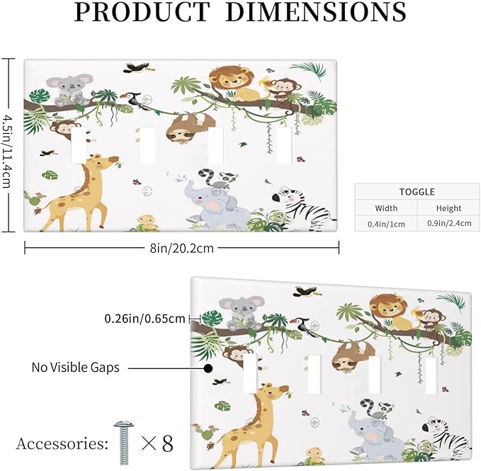 Jungle Animals Tree Branch Monkey Giraffe Lion Elephant Light Switch Covers Quad Toggle Electrical Faceplate 4 Gang Wall Plate Decorative Switch Plates Cover for Kids Room Nursery Decor