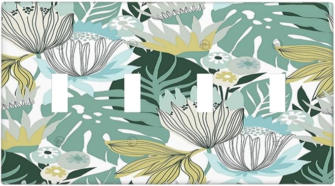 Retro Tropical Leaves 4 Gang Wall Plate Quad Toggle Light Switch Cover Decorative Outlet Covers Electrical Light Switches Faceplate for Bedroom Bathroom Kitchen Decor
