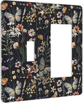 Vintage Flower Leaves 2 Gang Toggle Rocker Light Switch Cover Decorative Cute Bees Combin Wall Plates Dark Backgrounds Art Panel Butterfly Dimmer Decor for Bedroom Kitchen Bathroom