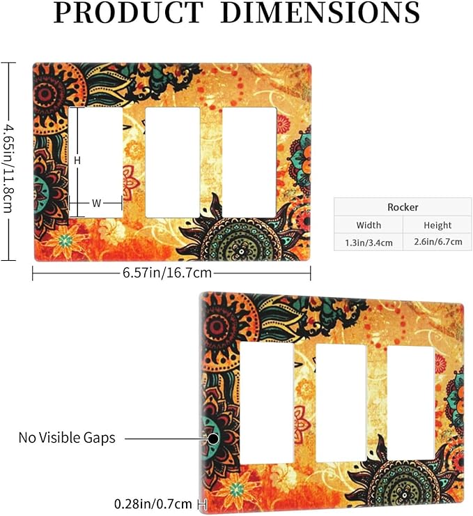 Red Orange Boho Bohemian Flower Floral Triple Decorator Light Switch Cover 3 Gang GFCI/Rocker Wallplate Decorative Electrical Faceplate Switchplate Dimmer Screwless