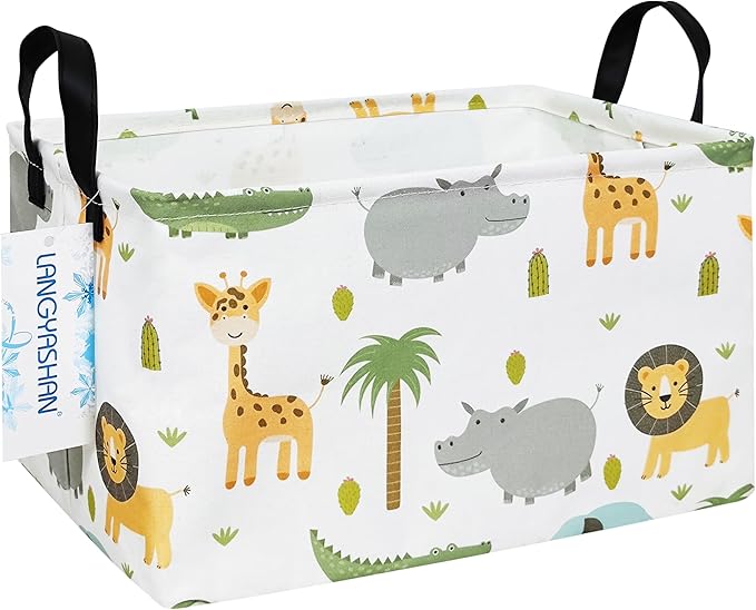 LANGYASHAN Rectangular Storage Bin Collapse Canvas Fabric Cartoon Storage Basket with Handles for Organizing Home Kitchen Boys and Girls Toys Office Closet Shelf Baskets (Rec animal)