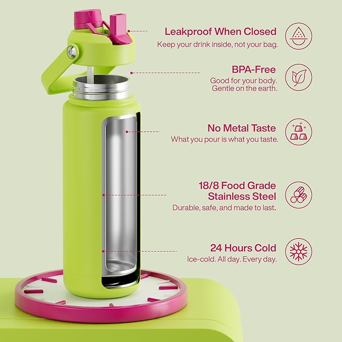 ENCOOL Insulated Water Bottle with Straw Stainless Steel Water Bottle, Leak-Proof, BPA-Free, Double Wall Vacuum Keeps Cold for 24 Hours for Sports, Travel, School (32 oz, Acid Green)