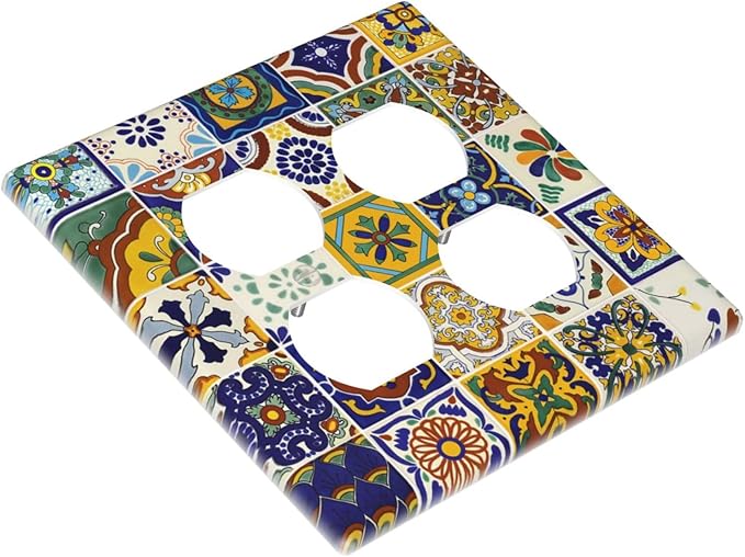 Yellow Mexican Moroccan Sun Tile 2 Gang Double Duplex Combo Outlet Light Switch Cover Two Gang Dual Device Receptacle Outlet Covers Wall Plate Standard Size