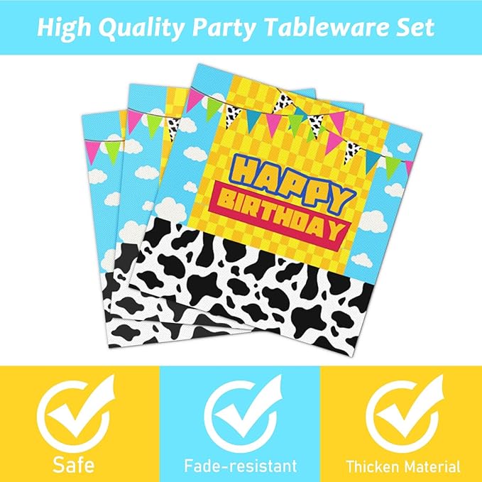 gisgfim 96 Pcs Cartoon Story Party Plates and Napkins Party Supplies Cow Pattern Blue Sky Tableware Set Cartoon Story Decorations Favors for Birthday Baby Shower for 24 Guests