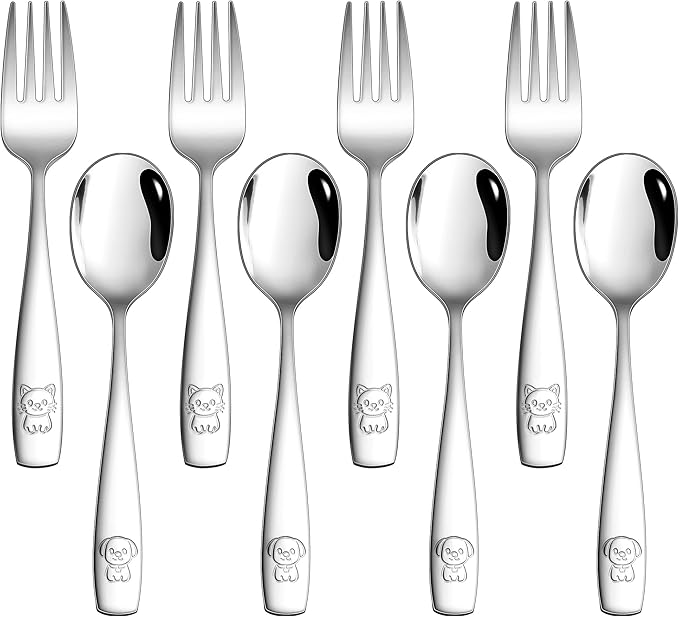 LIANYU 8 Pieces Toddler Utensils, Stainless Steel Kids Silverware Set, Food Grade Toddler Fork and Spoon Sets, Metal Kids Cutlery Set with Cute Pattern, Dishwasher Safe