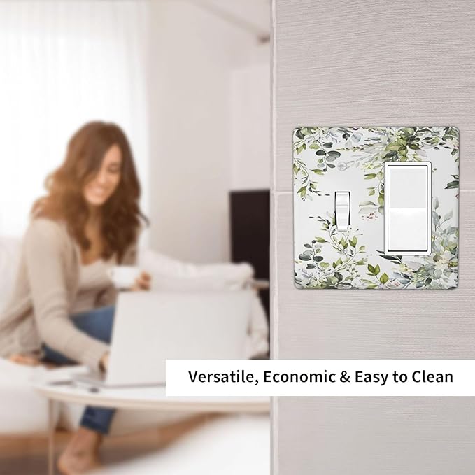 Eucalyptus Sage Green Leaf Plant Floral Outlet Covers 1 Toggle 1 Rocker Combination Decorative Wall Plate Electrical Switch Plates Light Switch Cover Plate for Bedroom Living Room Decor
