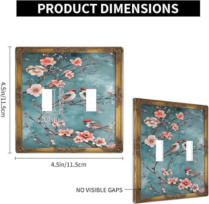 Decorative Art Light Switch Covers Vintage Chinoiserie Oriental - Teal Birds and Floral Branch 2 Gang Double Toggle Wall Plate Decorative Switchcover Electrical Switchplate for Home Decor