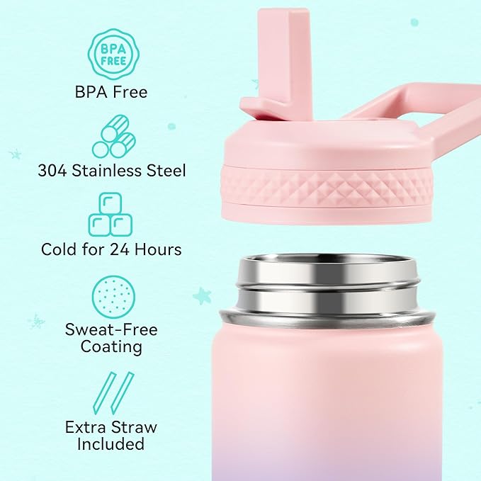 Fijinhom 12 oz Toddler Bottle, 2 Pack Kids Water Bottle for School Boys & Girls with Straws Lids, 304 Stainless Steel Vacuum Insulated Thermos, BPA-Free, Dreamy Purple + Sea Salt