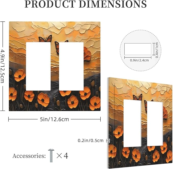 Oil Painting Flower Sunset Butterfly Vintage Rustic Floral Decorative Outlet Covers 2 Gang Double GFCI Rocker Electrical Wall Panels Light Switch Cover Plate for Bedroom Living Room Decor
