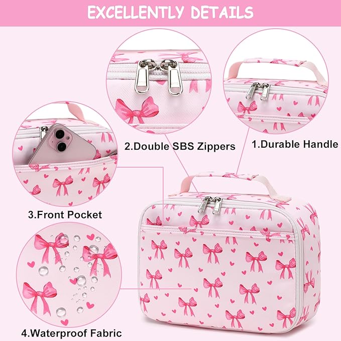 LOIDOU Lunch Box for Kids Boys Girls Insulated Lunch Bag Thermal Meal Tote Reusable Lunch Pail Bags for School Travel (Bow Tie Pink)
