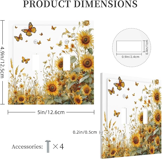 Sunflower Gold Wildflowers Summer Butterfly Decorative Switch Plates 2 Gang Double Toggle Outlet Light Switch Cover Wall Plate Electrical Faceplate for Bedroom Living Room Decor