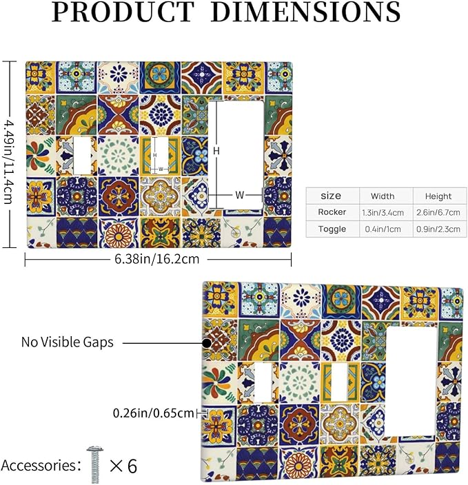 Decorative 3-Gang 2-Toggle 1-GFCI/Decorator Combination Light Switch Cover Kitchen Yellow/Blue Mexican Tile, Sun Moon Moroccan Boho Tile Combo Double Toggle Switches/Rocker Outlet Cover and Wall Plate