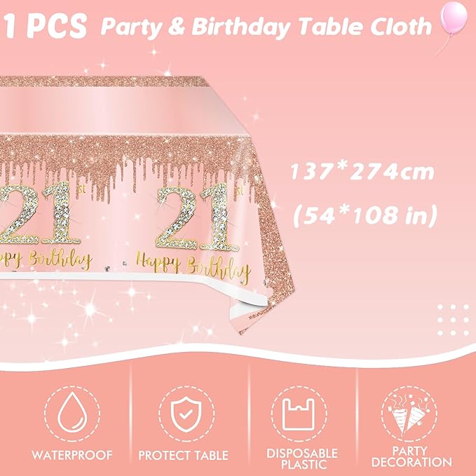 Ryzovo 41Pcs Rose Gold 21st Birthday Party Supplies: 20Pcs Plates, 20Pcs Napkins, 1Piece Tablecloth for 20 Guests - Modern, Disposable, Rose Gold 21st Birthday Theme