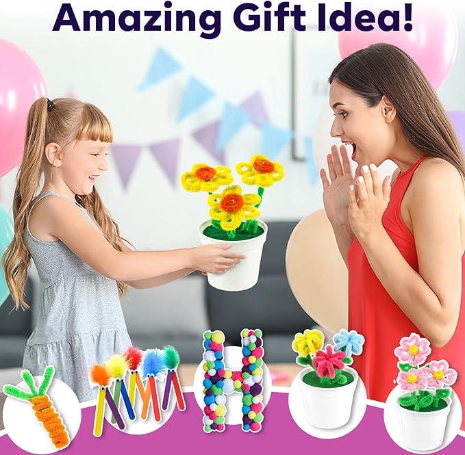 FUNZBO Arts and Crafts Supplies for Kids - Toddlers Craft Kit with Glitter Glue Stick, Pipe Cleaners, Popsicle Sticks, Pompoms & Stickers, Homeschool Supplies, Toys Crafts for Girls Boys Age 4+