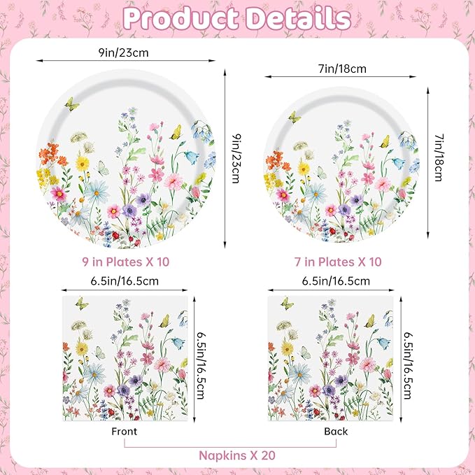 40 Pcs Spring Wildflower Plates and Napkins Sets - Disposable Floral Paper Plates Napkins Dinnerware, Flowers Dessert Dinner Plate for Spring Summer Wedding Birthday Party Supplies Table Decorations