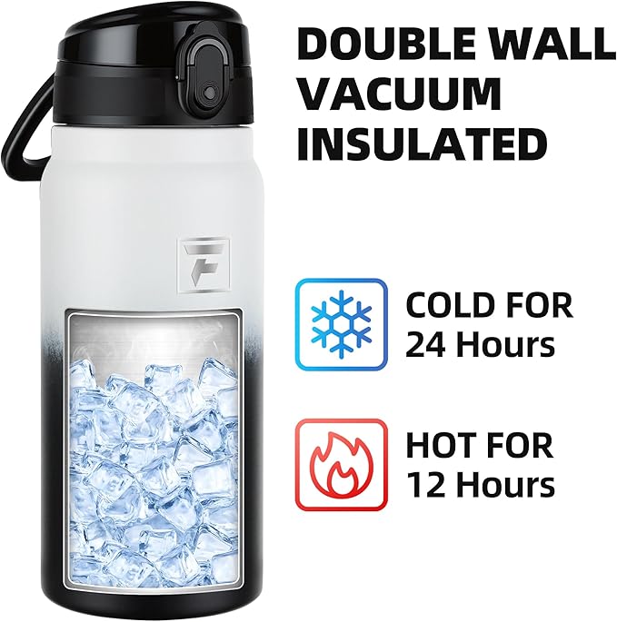 Fanhaw 20 Oz Insulated Stainless Steel Water Bottle with Chug Lid – Wide Mouth, Leak-Proof, BPA-Free – Ideal for Kids, Adults, Sports, Gym, and Outdoor Use (White Black)