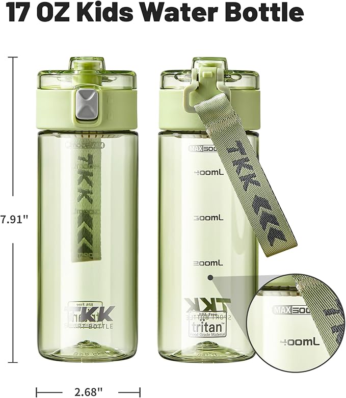 TKK Sports Water Bottle, 17oz Tritan Kid Jug with Leak Proof Lid & Handle Strap & Built-In Infuser - BPA-Free, Easy-Clean Design for Gym, Office & Outdoor Travel, Light Green