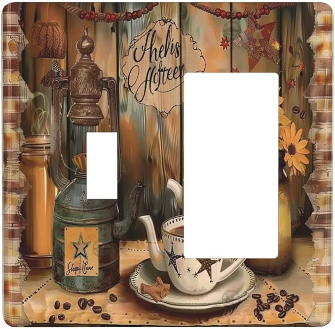 Decorative Outlet Covers Vintage Coffee Pot Star Farmhouse Wood Plank 2 Gang 1 Gang Wall Plate Single Toggle Rocker Device Combination Light Switch Cover Plate Jumbo Switch Plate Cover