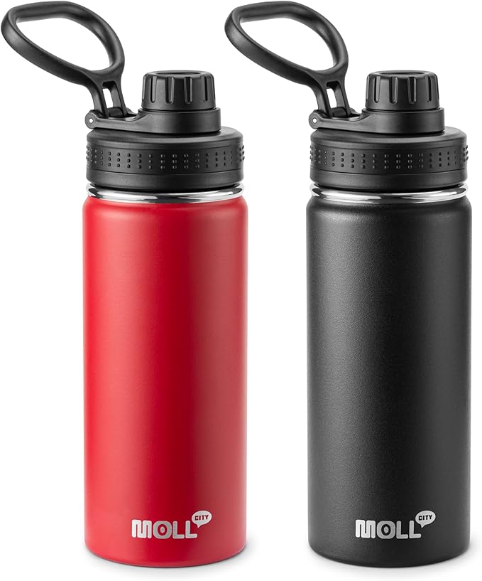 Water Bottle 2 Pack 16 oz Stainless Steel Vacuum Insulated Water Bottle Wide Mouth Sports Flask with Leakproof Spout Lid (Canyon Red-Black)