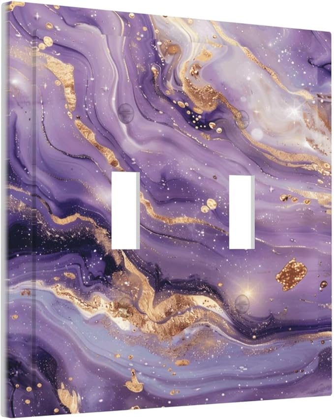 Luxury Marble Texture Purple And Gold Abstract Print Decorative Switch Plates 2 Gang Double Toggle Outlet Light Switch Cover Wall Plate Electrical Faceplate for Bathroom Home Decor