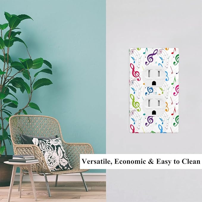 Colored Music Notes Outlet Cover, Music Theme 1-Gang Duplex Receptacle Wall Plate for Music Room Home Bedroom Bathroom Decor