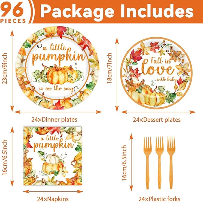 96 Pcs Little Pumpkin Baby Shower Party Plates Napkins Tableware Set Fall Baby Shower Supplies Disposable Dinnerware A Little Pumpkin is On The Way Decoration Favors for Thanksgiving Party，24 Guests