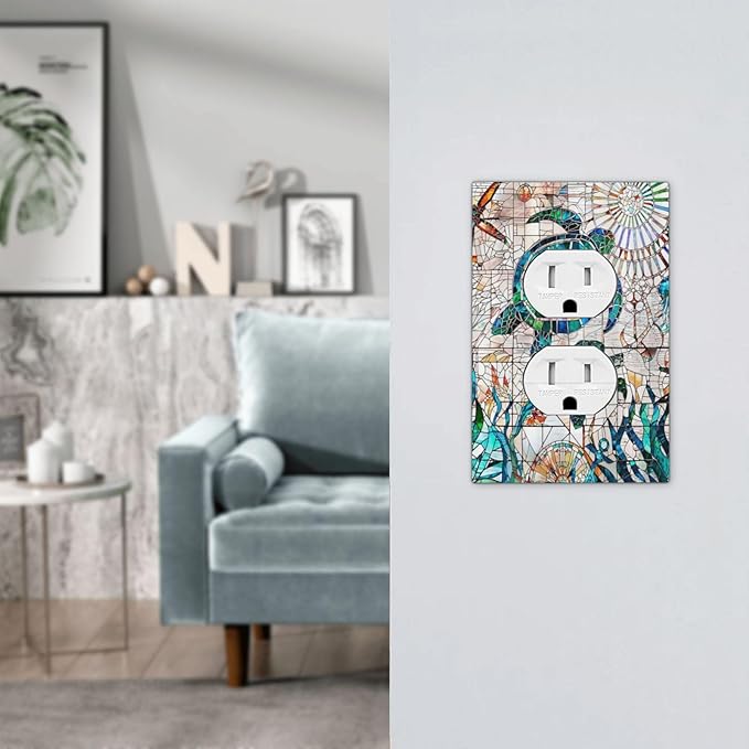Nautical Green/Blue Sea Ocean Turtles 1 Gang Duplex Wall Plate Receptacle Outlet Covers Beach Summer Marine Starfish Animals Decorative Electrical Dual Device Light Switch Plug Socket Faceplate Cover