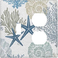 Teal Blue Ocean Nautical Beach Coral Coastal Starfish Light Switch Cover 2 Gang Combination Wall Plate 1 Toggle 1 Receptacle Duplex Switch Plate Underwater Seashell Conch Combo Device Outlet Cover