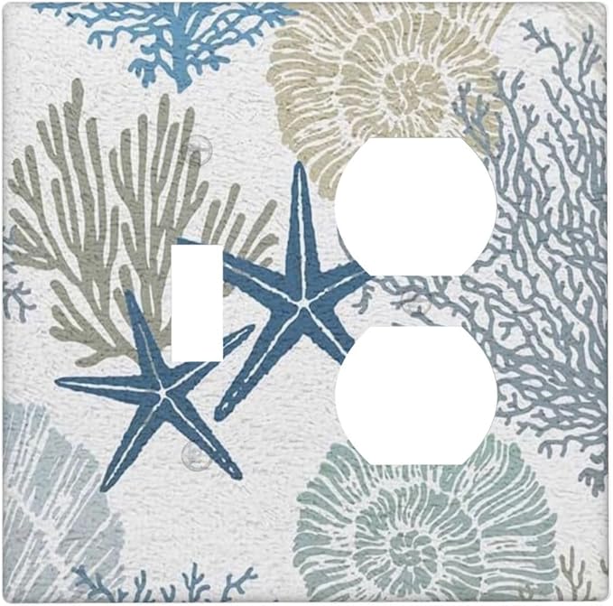 Teal Blue Ocean Nautical Beach Coral Coastal Starfish Light Switch Cover 2 Gang Combination Wall Plate 1 Toggle 1 Receptacle Duplex Switch Plate Underwater Seashell Conch Combo Device Outlet Cover