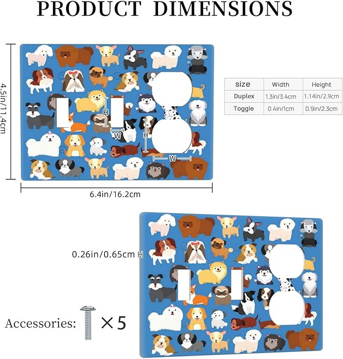 Cute Animal Dogs Puppy Decorative Outlet Cover 2 Toggle 1 Duplex Light Switch Plate Cover Electricity Receptacles Plates For Home Kitchen Living Bedroom 6.4 * 4.5