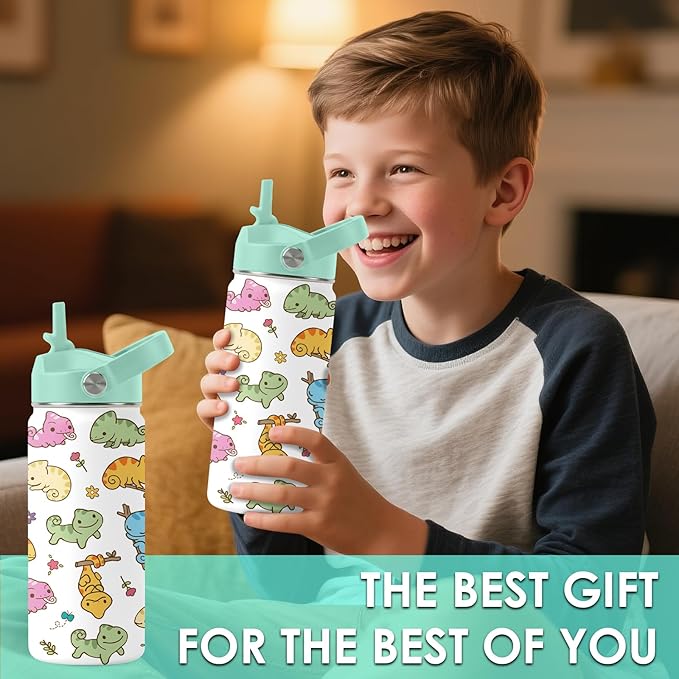 Axolotl Gifts for Girls - 16oz Green Axolotl Water Bottle with Straw Lid, Stainless Steel Insulated Tumbler, Leak Proof, for Boys, Sport, Travel, School - Animal Lovers Children Birthday Gift Cup(1pc)