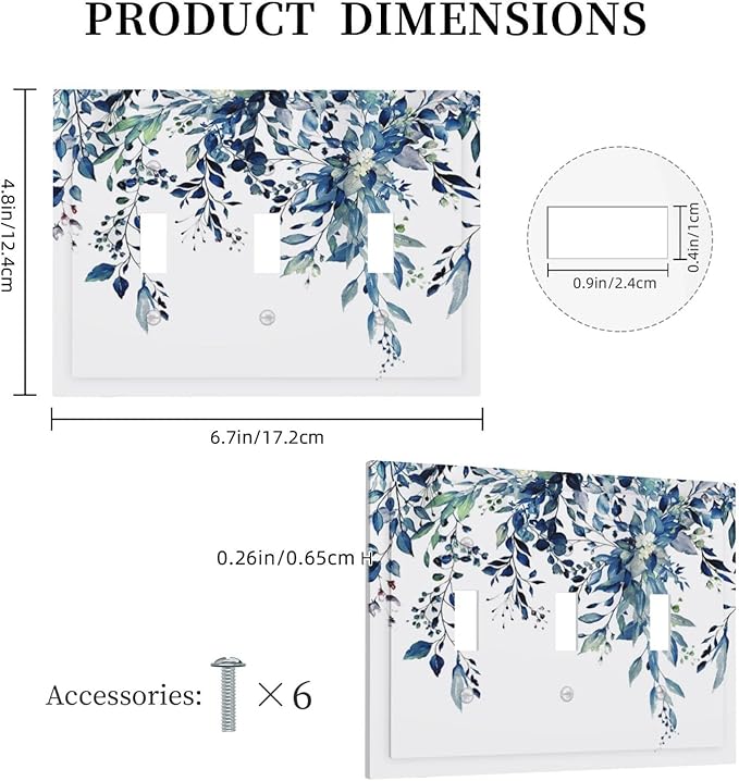 Blue Eucalyptus Watercolor Leaves 3 Gang Light Switch Plate Decorative Green Plant Triple Toggle Wall Plate Cover Electrical Faceplate Switchcover for Kidroom Bathroom Home Bedroom Art Panel Decor