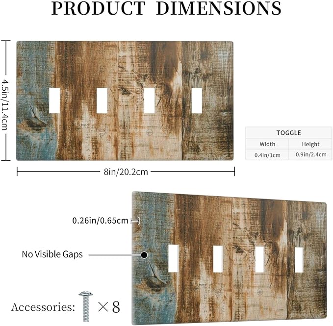 Brown Wood 4 Gang Light Switch Cover Decorative Quad Toggle Wall Plate Decorative Electrical Faceplate for Kitchen Home Barn Farmhouse Decorate Large 8" x 4.5