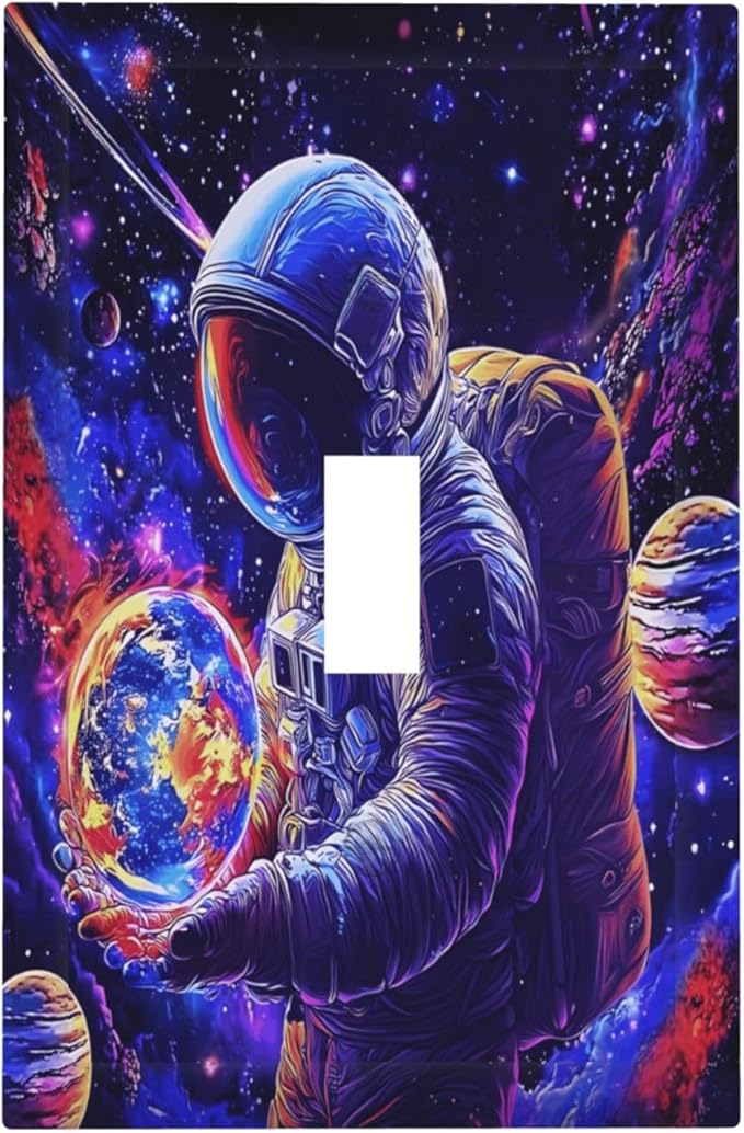 Astronaut Space Cool Galaxy Planet Decorative Light Switch Cover 1 Gang Single Toggle Device Electrical Faceplate Switchplates Decorator Outlet Wall Plate for Kids Room Nursery Decor