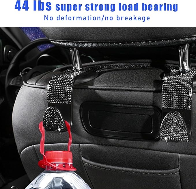 Ohleats 2 PCS Bling Car Seat Headrest Hooks, Crystal Rhinestone Back Seat Hanging Storage Organizer, Vehicle Seat Hanger Holder for Purse Handbag Coat, Interior Car Accessories (Black)