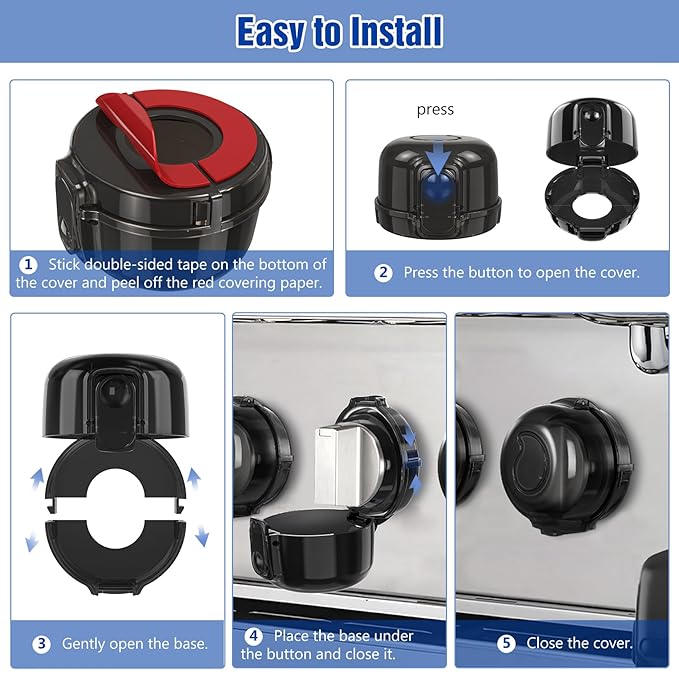 Stove Knob Safety Covers for Child (5 + 1 Pack), Upgraded Universal Size Press Gas Stove Knob Covers with Adhesive, Heat-Resistant Childproof Oven Locks for Kids and Pets (Black)