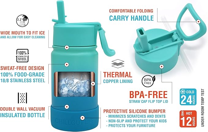 CHILLOUT LIFE 12 oz Kids Insulated Water Bottle for School with Straw Lid Leakproof and Cute Waterproof Stickers, Personalized Stainless Steel Thermos Flask Metal Water Bottle for Girls & Boys