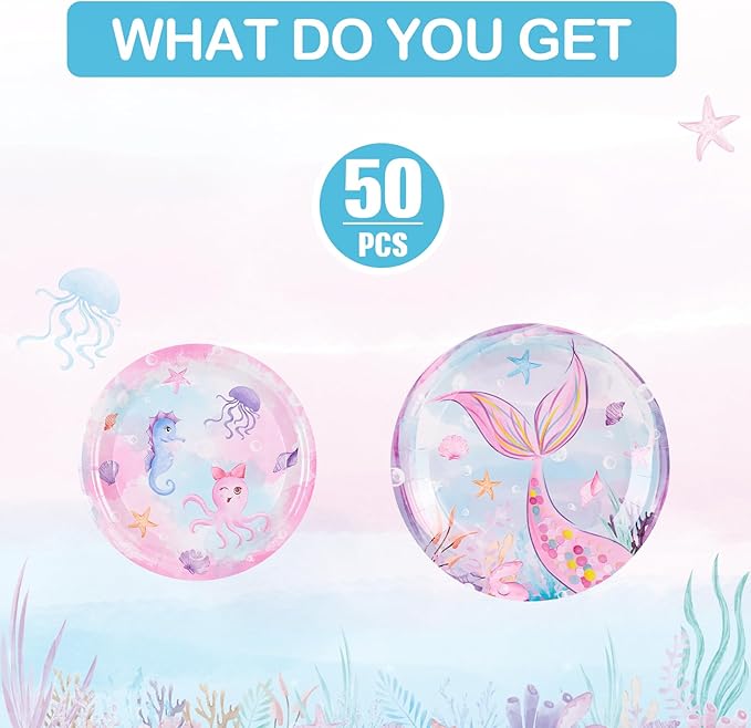 WERNNSAI Mermaid Paper Plates - 100 PCS Mermaid Birthday Decorations Under The Sea Party Tableware Plate for Girls Baby Shower Pool Beach Picnic Park Party Serves 50 Guests