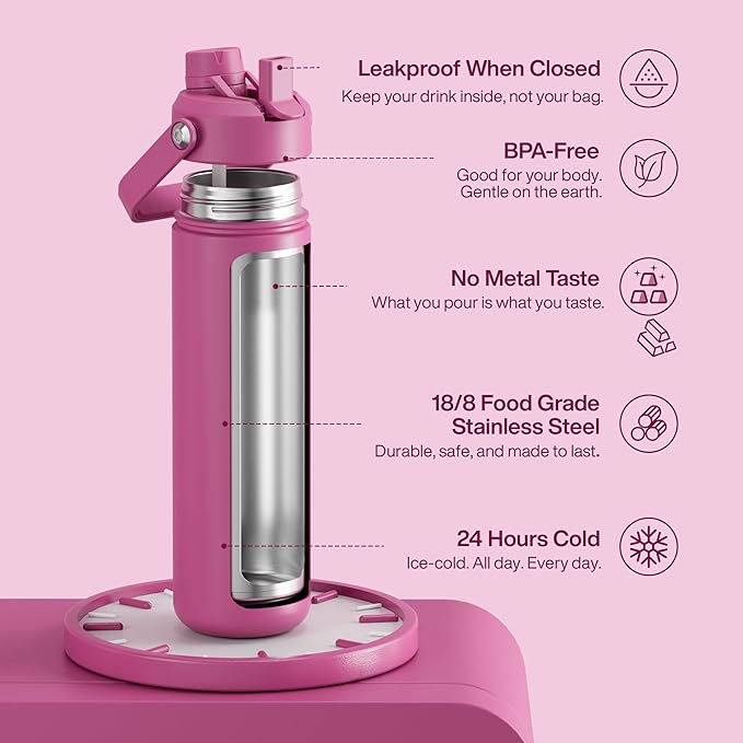 ENCOOL Insulated Water Bottle with Straw Stainless Steel Water Bottle, Leak-Proof, BPA-Free, Double Wall Vacuum Keeps Cold for 24 Hours for Sports, Travel, School (26 oz, Turkish Rose)