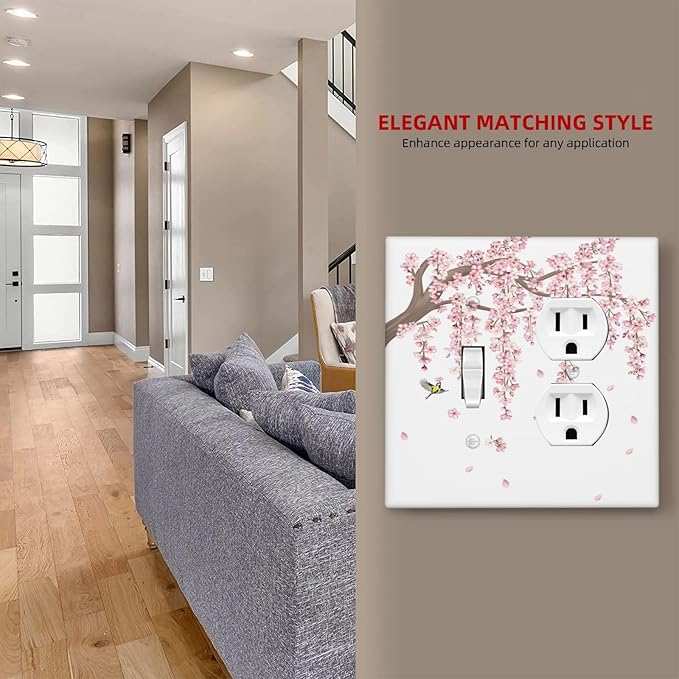 Pink Flower Tree Branch Cherry Blossom Tree Floral Birds Wallplates 1 Toggle 1 Duplex Switch Plate Electrical GFCI Faceplate Decorative Light Switch Covers for Bedroom Living Room Decor