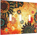 Retro Red Mandala Boho Floral Triple Toggle Device Switch Wall Plate 3-Gang Light Switch Cover Burnt Orange Sunflower Vintage Bohemian Flower Decorative Decorator Wallplate Switchplate Room Decorate