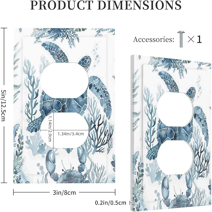 Blue Sea Turtle Coastal Coral Beach Crab Seaweed Outlet Covers 1 Gang Duplex Light Switch Cover Decorative Switch Plates Electrical Receptacle Faceplate Wall Plate for Kids Room Bathroom Decor
