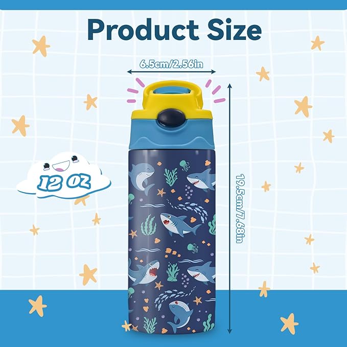 12oz Shark Water Bottle Kids - Baby Shark Water Bottle with Straw Lid & Handle, BPA-Free, Leak-Proof, Double-Wall Stainless Steel Insulated Kids Waters Bottles for School, Gift Cup for Sea Lover