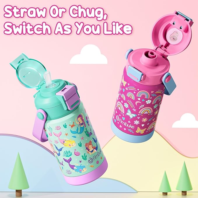 Fimibuke Kids Insulated Water Bottle with Pop-Open Straw & Spout 2-in-1 Lid, 14oz Leak Proof 18/8 Stainless Steel Vacuum Tumbler, BPA-Free Kids Cup For Travel School Girls Boys Toddler 2 Packs