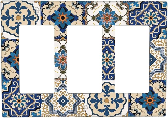 Light Switch Covers Mandala Decorative Tile Talavera Moroccan Tiles 3 Gang Rocker Electrical GFCI Decorative Triple Outlet Wall Plate Cover Switchplate for Bedroom living Room Decor
